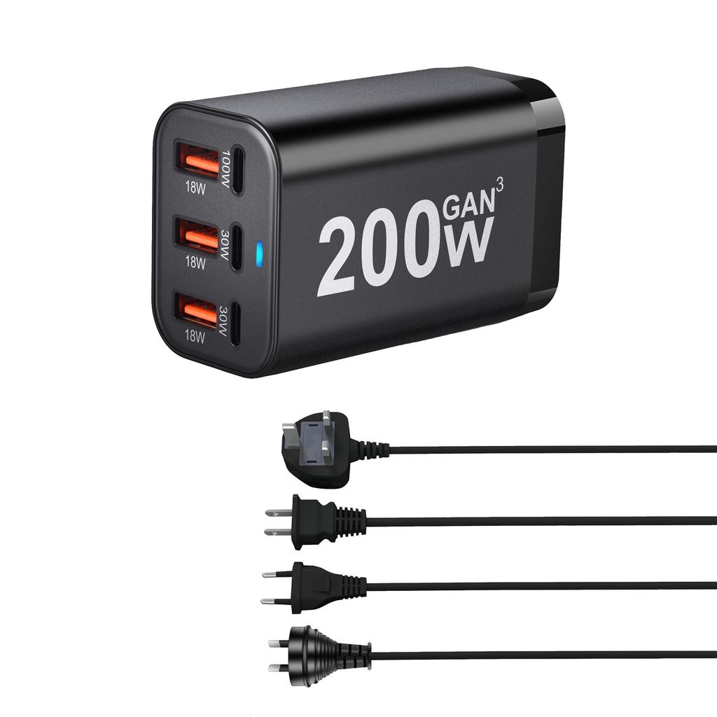 200W GaN USB C Charging 6 Ports PD Type C Fast Charger 100W Multifunction Station Phone Tablet Desktop US EU UK AU 30W Output 5A