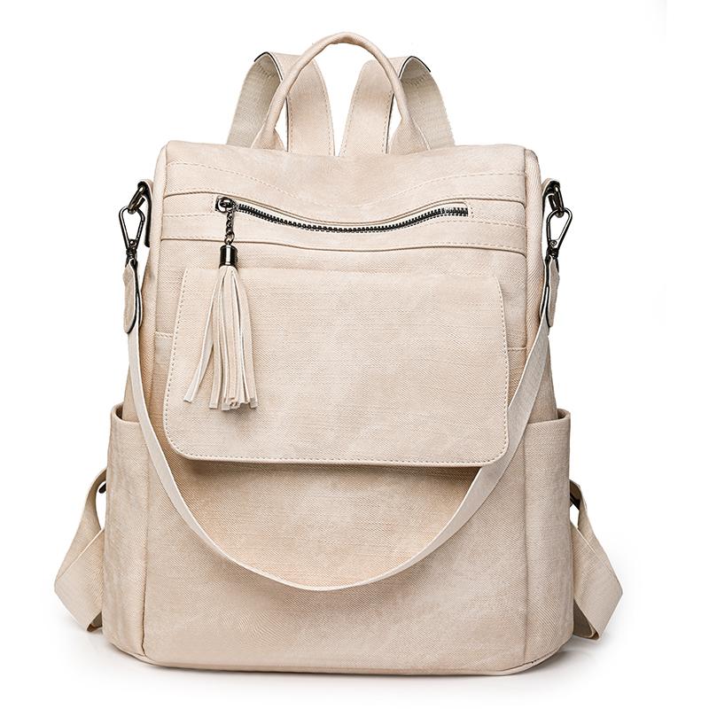 Women's Soft Leather Backpack Large Capacity Student Commuter Schoolbag Tassel Travel Backpack