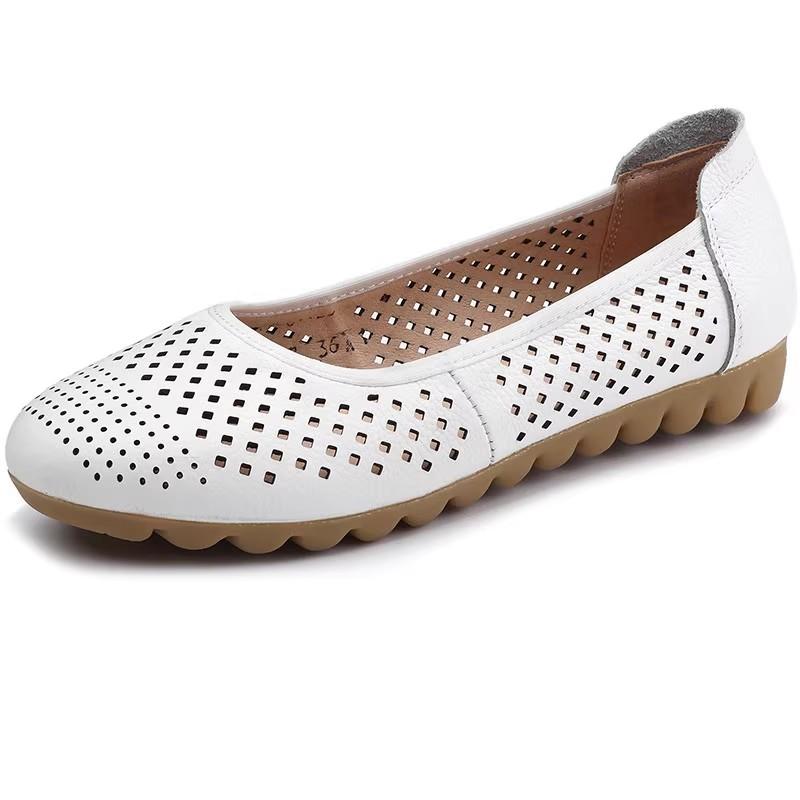 Fashion GKTINOO White Genuine Leather Ladies Breathable Summer Shoes Women Flats Slip-On Loafers Round Toe Soft Flat Shoes Casual