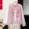 Fashionable Two-Piece Spring Outfit for Moms: Jacquard Satin Vest and National Style Top for Middle-Aged and Elderly Women