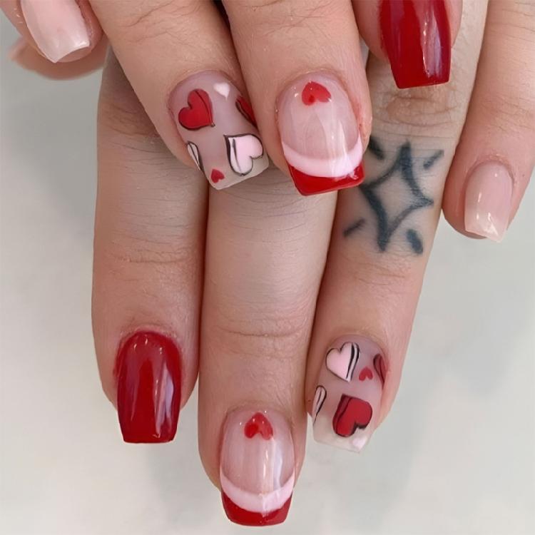 

24pcs Valentines Nail Press On Nail French Tip Short Square Elegant Heart Designs Stick on Nail Manicure Nail Accesories 1