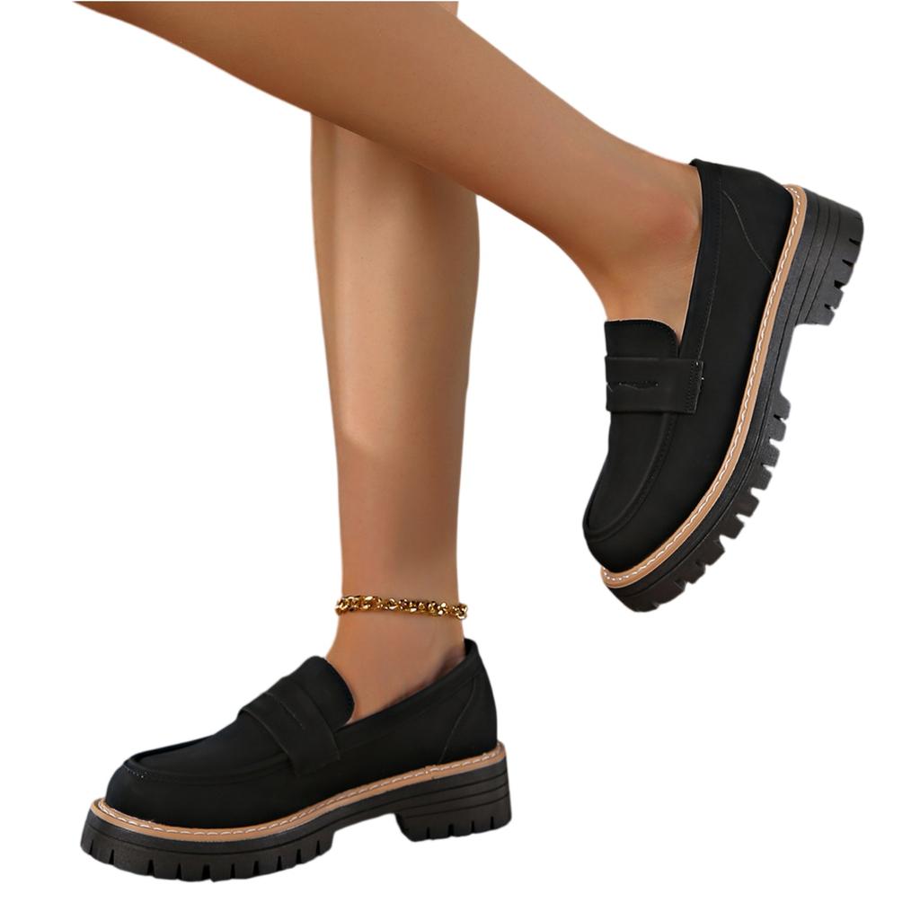 Damen Freizeitschuhe Loafer Plateau klobiger Absatz zum Hineinschlüpfen Vintage Stil Britisch inspiriertes Design Langlebige Außensohle Bequeme Passform