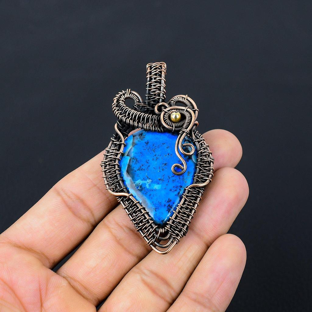 Blue Dendrite Opal Gemstone Pure Copper Wire Wrapped Handmade Pendant Jewelry For Her