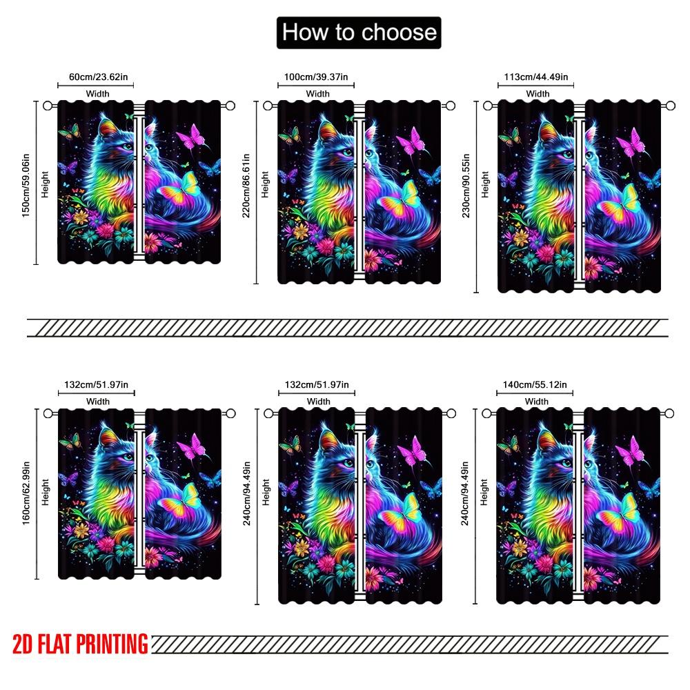 2pcs,2D Plane Printing Popular Curtains Neon Dream Cat Polyester Easy Install (without Rod) Festive for Kitchen, Bedroom &