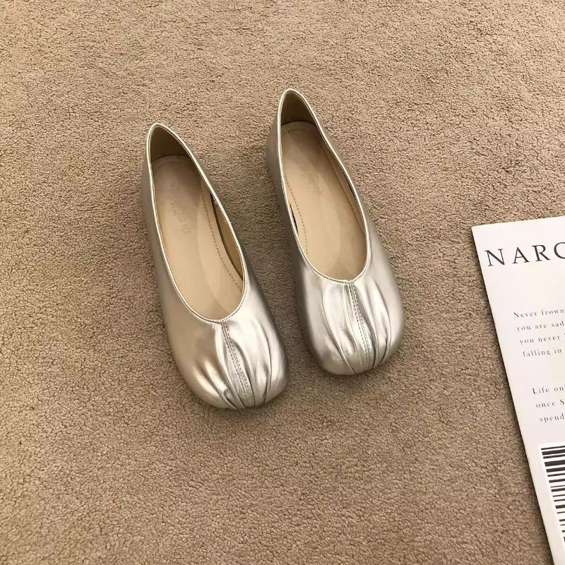 Gentle temperament single shoes light mouth retro imitation leather pleated ballet shoes chain material hemming fairy evening shoes 35