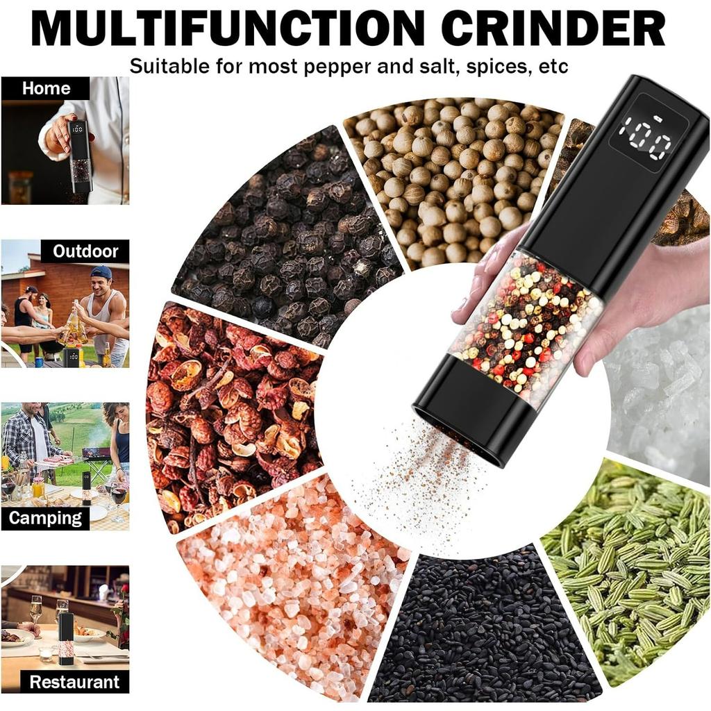Electric Salt and Pepper Grinder Set,Rechargeable Electric Pepper Grinder with LED Display,Adjustable Coarseness,Large Capacity Refillable Salt