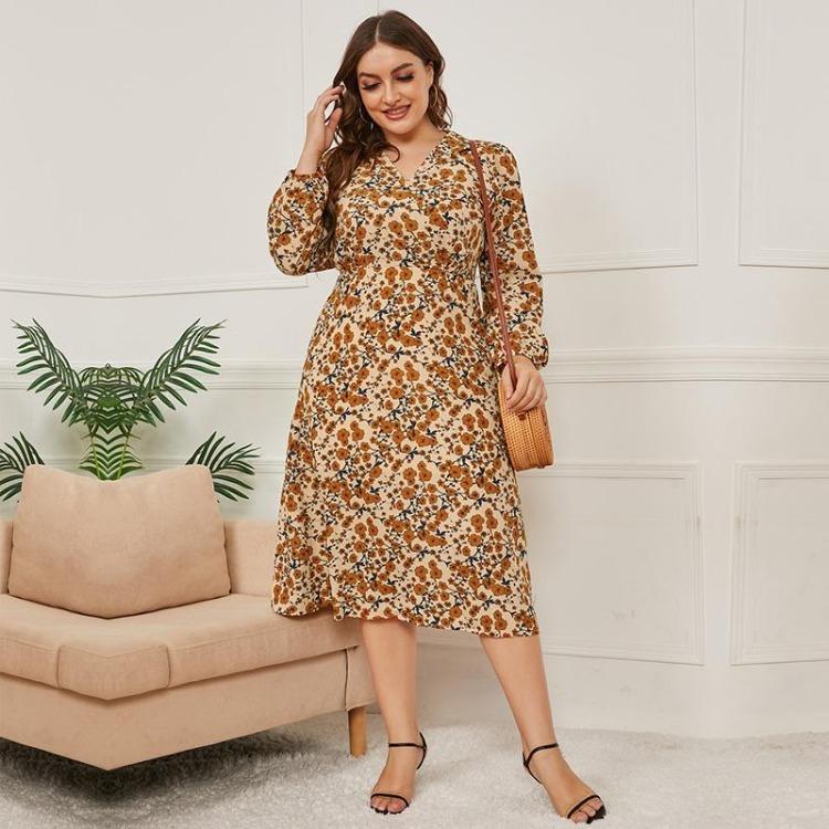 Autumn Winter New Long Sleeve V Neck Slim Fit All Match High Waist Printed Lace Up Women Long Dress