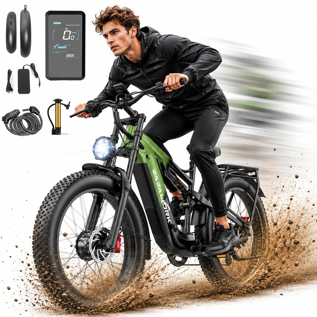 Electric Bike for Adults ZAZAWORK CF26 MAX 48V 25Ah Battery 120–150 Km Range Dual 1000W Motor E-Bike Dual Suspension 26 X 4.0-inch Fat Tires
