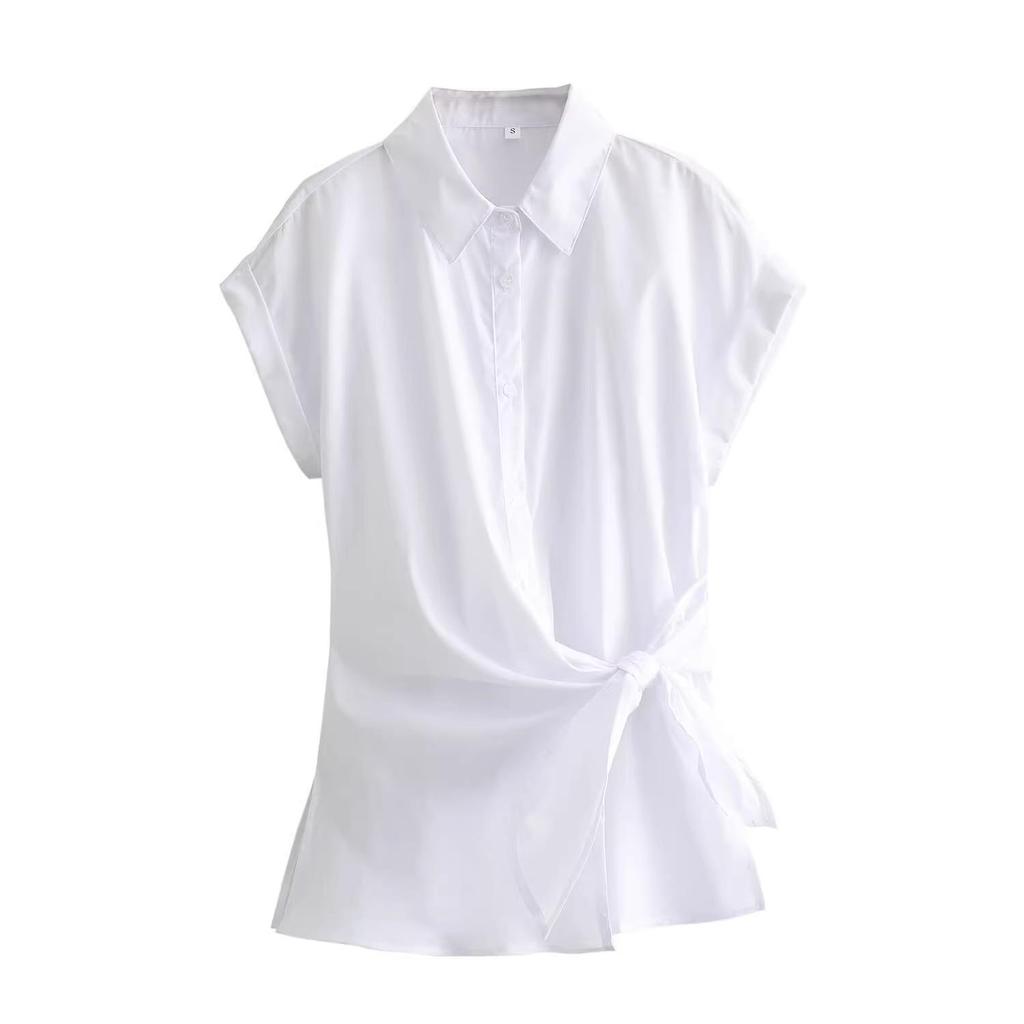 2025 Spring Women's European and American Fashion Bow Short Sleeve Poplin Shirt