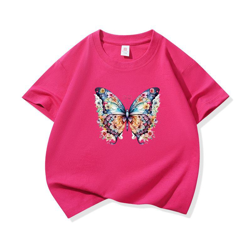 Kids Cotton T Shirt Colorful Floral Pattern Butterfly Print Crew Neck Short Sleeve Tee Casual Boys Girls Summer Tops