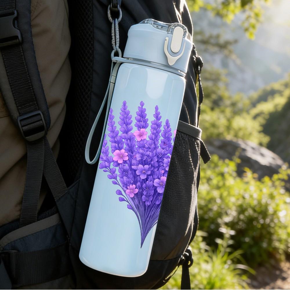 1PC Lavender Purple Flower 750ml Color Plastic Sports Water Bottle Leakproof Flip Straw Lid Suitable for Sports Office Home Use