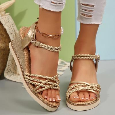 Fashion Women's Braided Corss Strap Wedge Sandals Summer Fashion Gold Platform Sandals Woman Lightweigh Non Slip Beach Sandalias Mujer