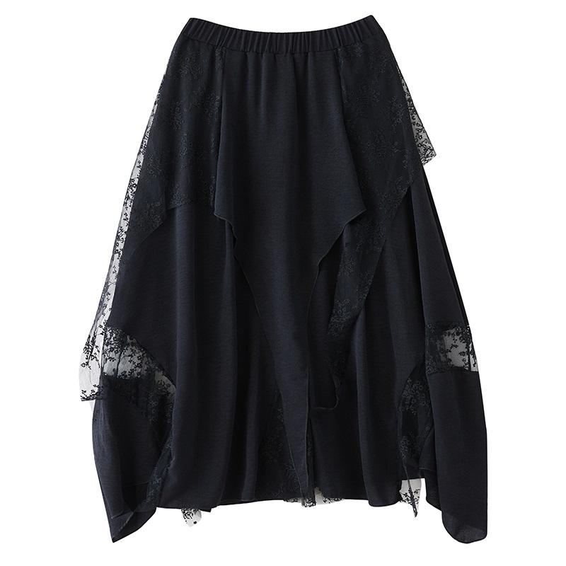 Plus Size Black High Waist Vintage Lace Mesh Patchwork Summer Casual Loose Long for Woman Skirts Womens Skirt