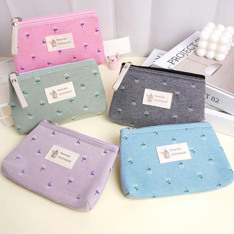 1Pc Storage Bags Cute Toiletry Organizer Purse Rectangle Canvas Small Cosmetic Bag Coin Purse Floral Prints