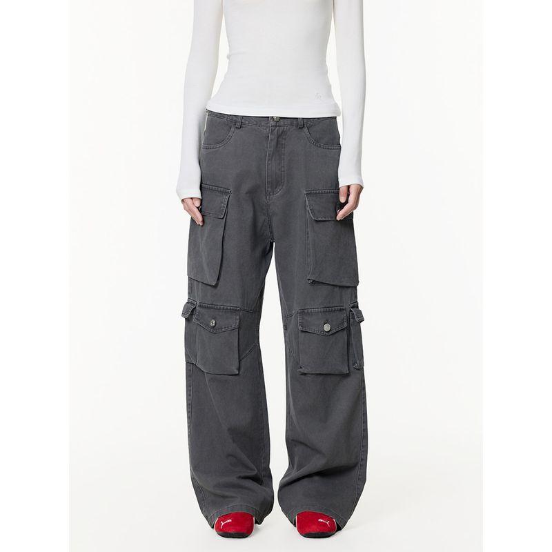 Black of Exit American Retro Distressed Multi-Pocket Straight-Leg Cargo Pants Trendy Heavy-Duty Casual Pants Vibe