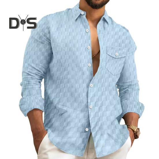 Fall Spring Men Shirt Button Turn-down Collar Long Sleeves Loose Plaid Applique with Chest Pocket Daily Wear Business Bottoming Top