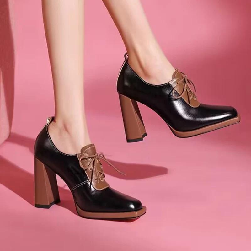 Plataforma Salto Alto Moda Sapatos de Couro Mulher Outono Bico Quadrado Tratorados Marca Sapatos Oxford Mulher Luxo Vestido Festa Scarpins
