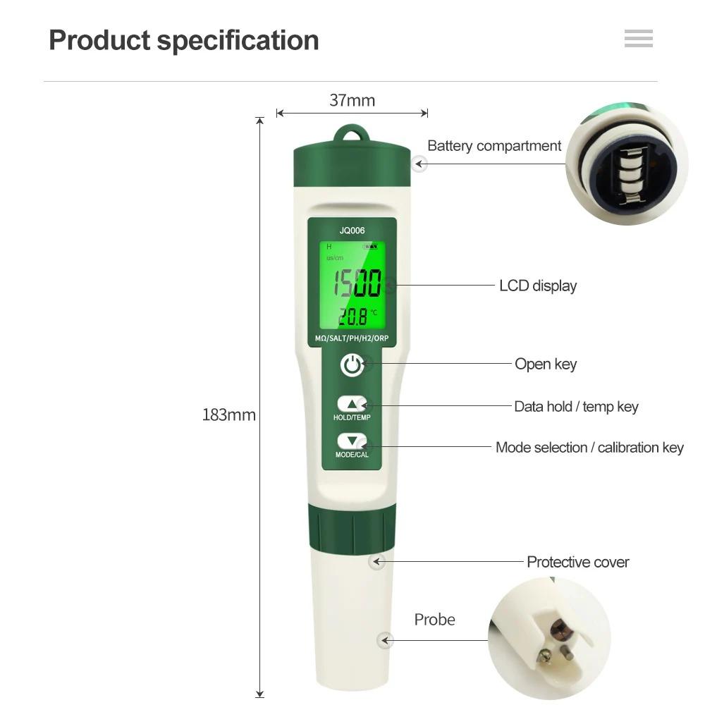 10 In 1 Digital PH Meter Water Quality Tester PH/Cl₂/TDS/EC/Hardness Hydrogen-rich Detector for Drinking Water Aquariums Pools