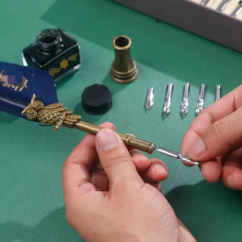 Veer Pen Uil Dip Pen Mechanische Tandwiel Inktzak Pen Geschenkdoos Verjaardagscadeau