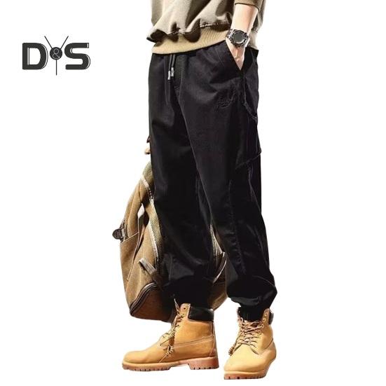 Fall Spring Men Cargo Pants Ankle Banded Loose Wear Resistant Drawstring Elastic Waist Pockets Outdoor Work Trousers