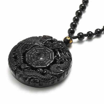 Lucky Amulet Pendant Necklace Long Chain Natural Obsidian Carved Chinese Dragon