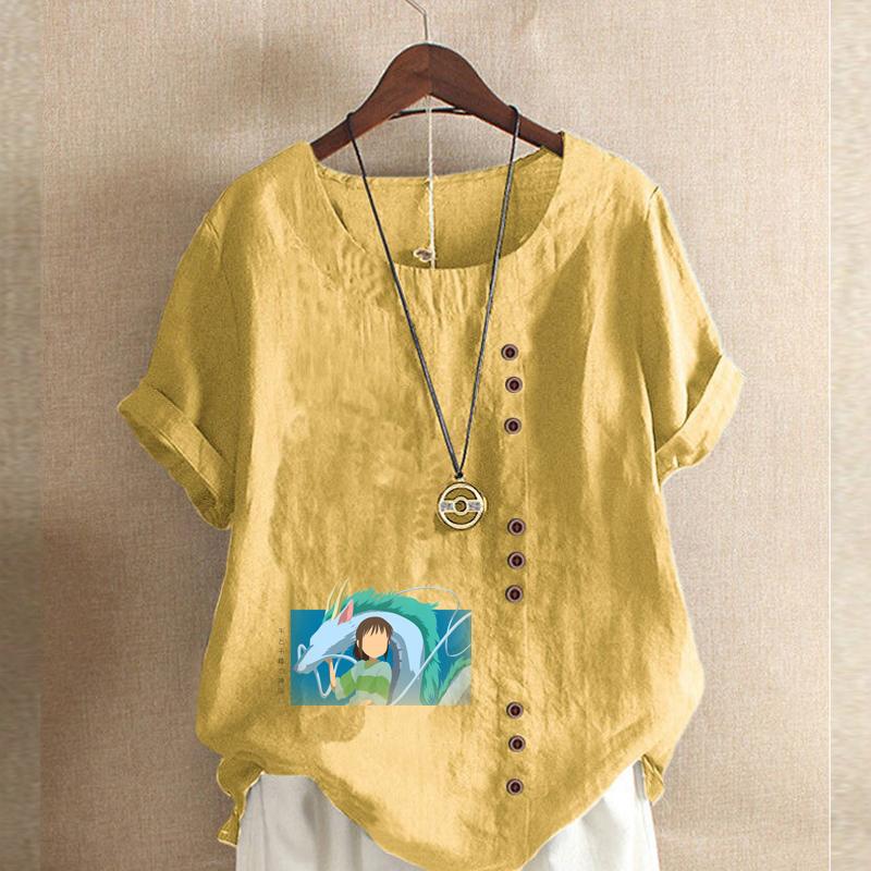 Women's Fashion Cartoon Characters Print Short Sleeve T-shirt Loose Cotton Shirt Casual Loose Summer Blouse Tops