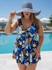 Plus Size Blue & White Tankini Swim Skirt Set: European & American Style, Two-Piece, Drawstring, Printed Briefs.