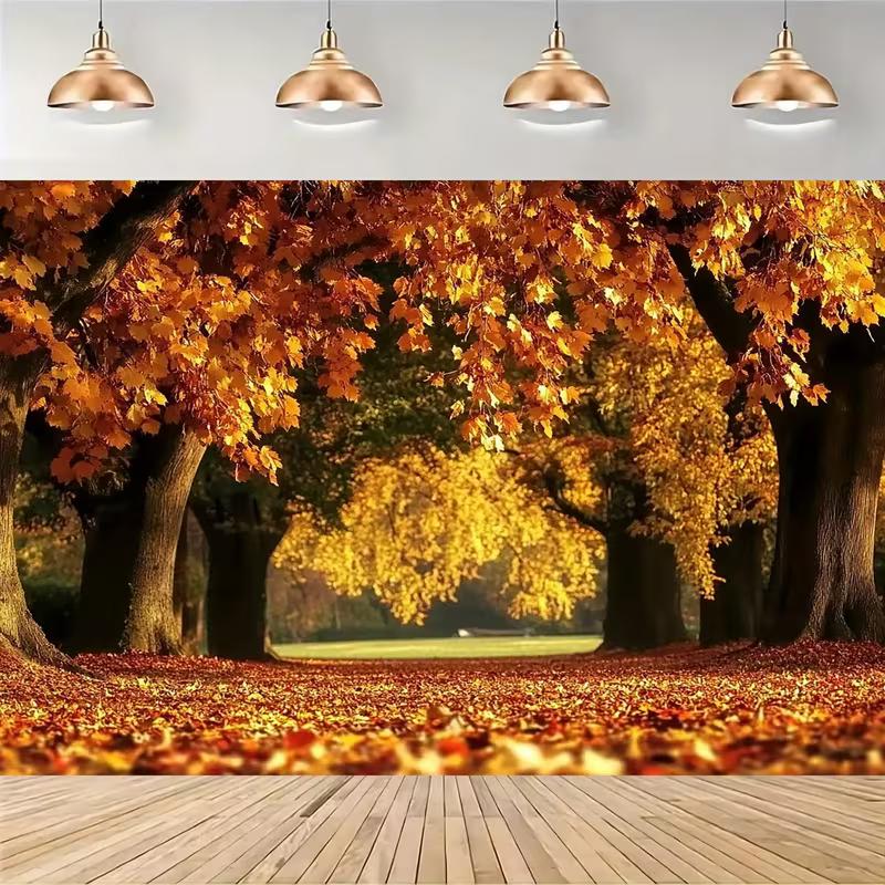 2D Autumn Maple Tree Tapestry, Fall Forest Avenue with Orange Leaves for Room Decor