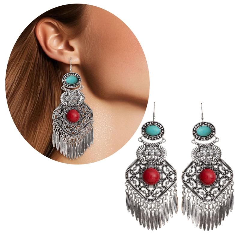 Artisanal Tribal Styles Drop Earrings With Natural Stone Accent Sturdy Alloy Retro Fringe Designs