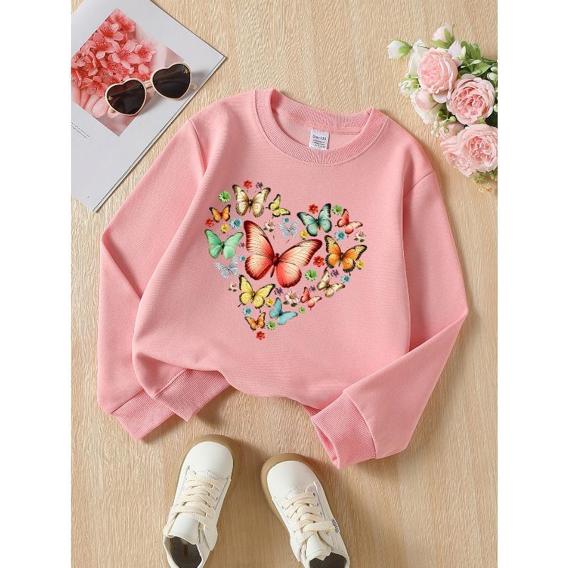 A Vibrant Design Featuring Butterflies And Flowers, This Girls' Crew Neck Sweatshirt Is Perfect for Autumn And Winter