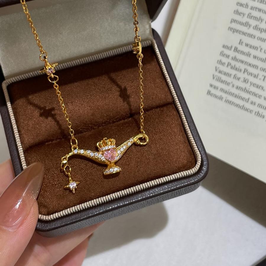 Sweetheart Leader Search Banner Magic Lamp Necklace Women'S Light Luxury Brushed Flash Micro Inlaid Smart Pink Diamond Pendant Collarbone Chain