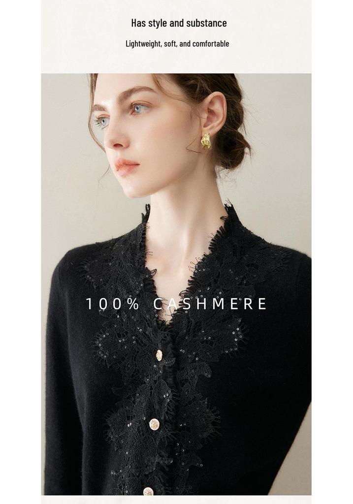 100% Pure Cashmere Women's V-Neck Tassel Lace Knit Cardigan, 2026 Autumn/Winter Slim-Fit Outerwear