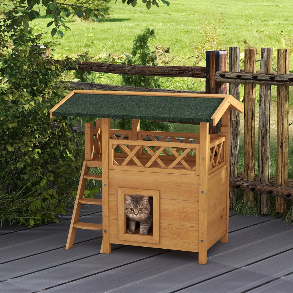 Cat House Outdoor W/ Balcony Stairs Roof, 77 X 50 X 73 Cm, Natural Wood Finish
