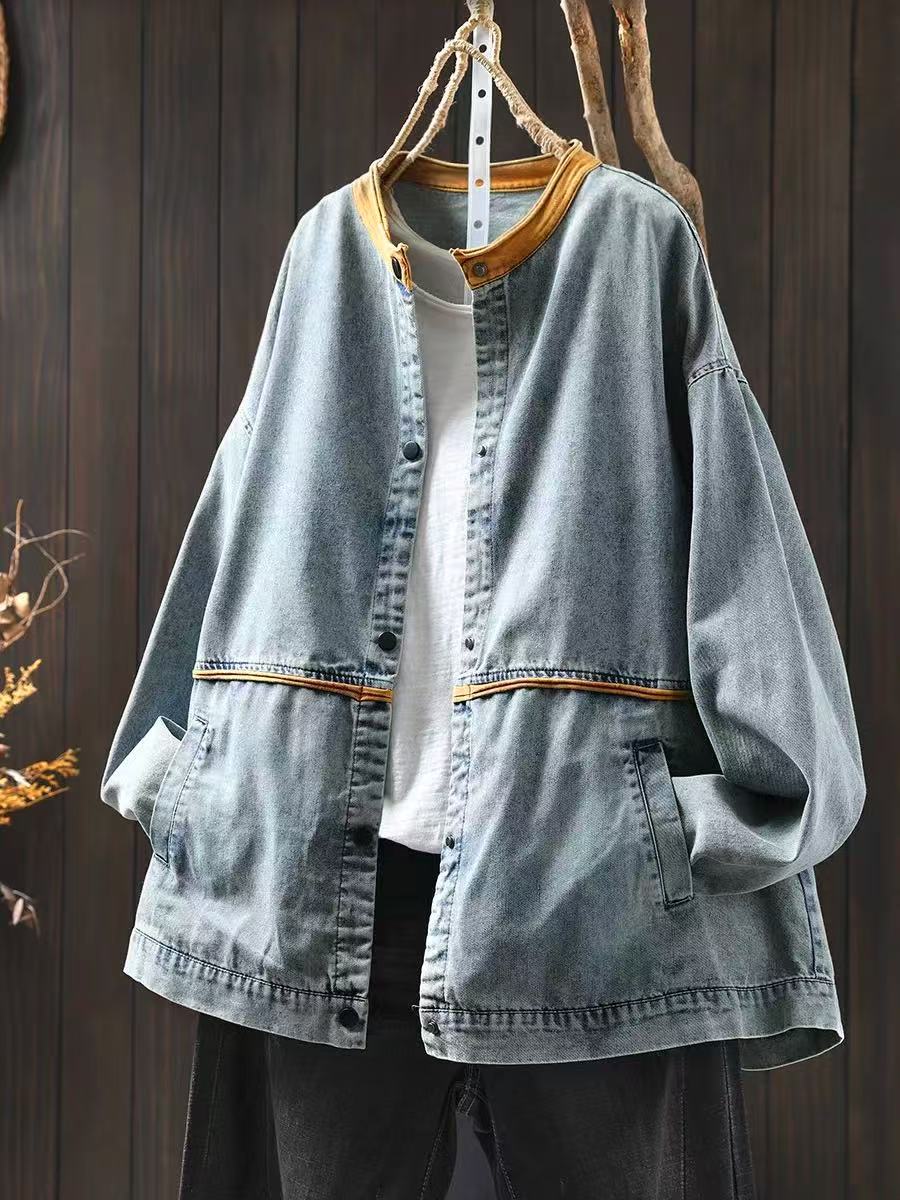 

Johnature Женские Винтажные Куртки Пуговичная Лоскутная Расцветка Длинный Рукав Весенние Пальто Повседневные Свободные Женские Куртки One Size светло-синий