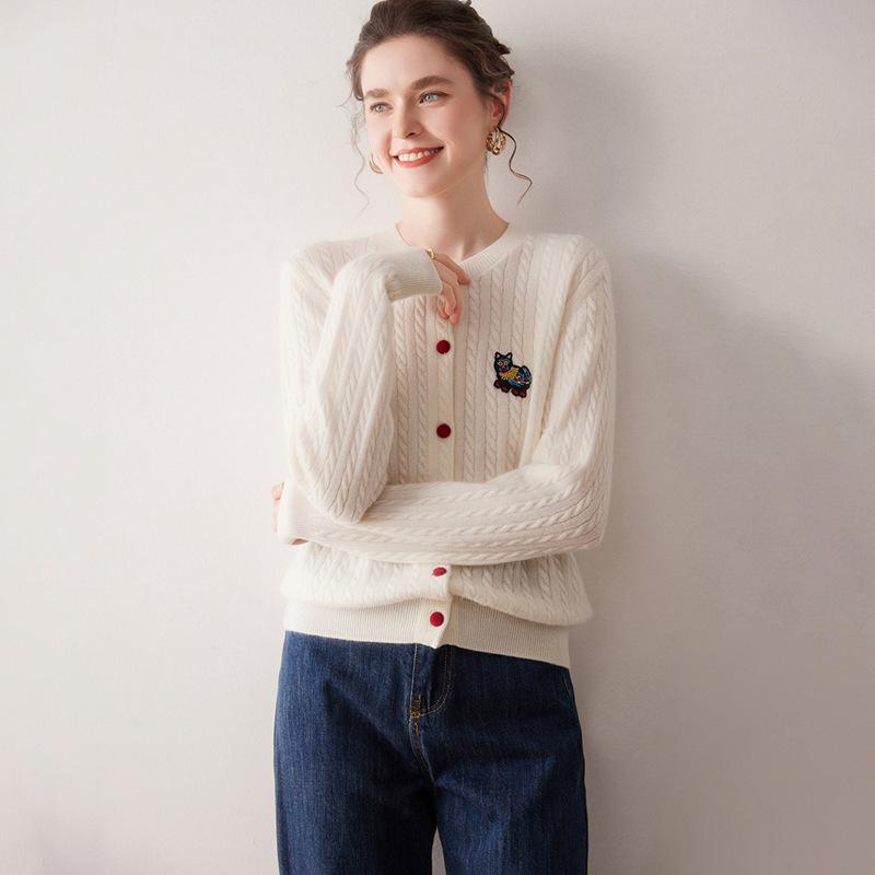 2025 A/W 100% Pure Cashmere Cable Knit Embroidered Cardigan