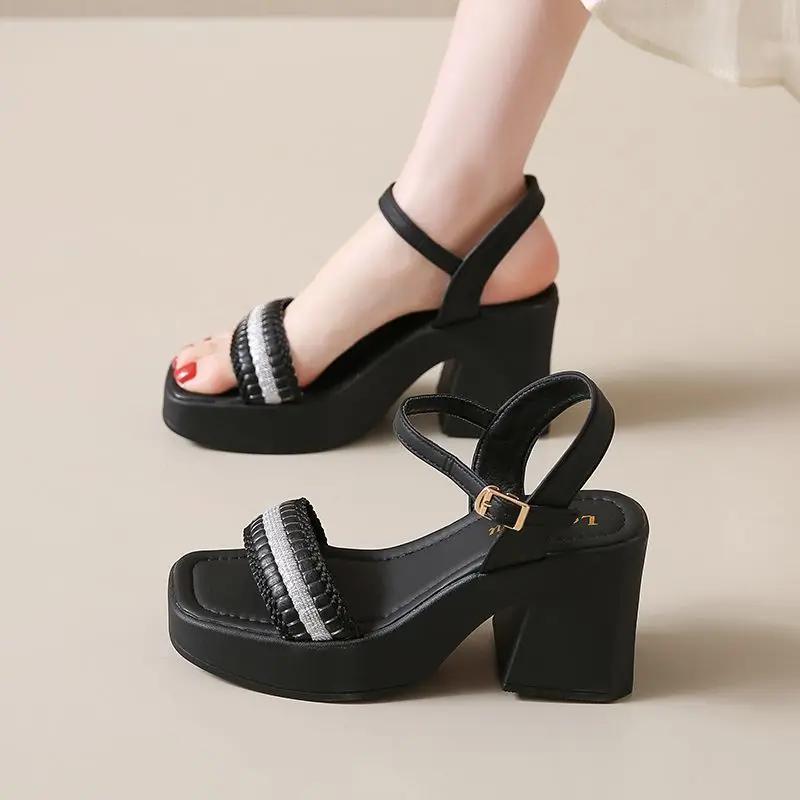 

Женские босоножки на высоком каблуке с квадратным носком 2025 Роскошная летняя обувь Распродажа Комфорт Низкая цена Дизайнер Корея Повседневная женская обувь Распродажа 36