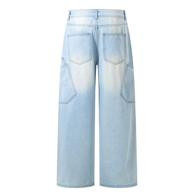 Mens Light Wash Distressed Jeans High Street Loose Straight Leg Cargo Pants With Pockets