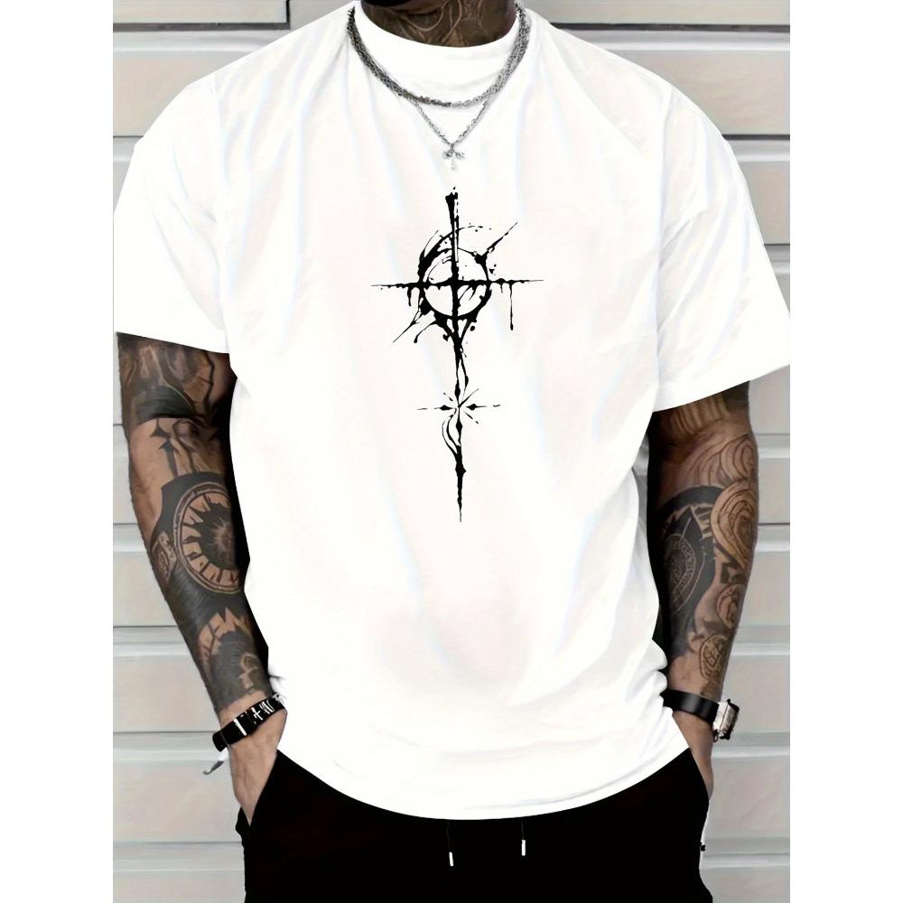 

Европейские размеры Мужская повседневная футболка с круглым вырезом и короткими рукавами - Красная с черным абстрактным принтом-крестом, Ткань с легкой эластичностью - Для ношения в любое время года S белый