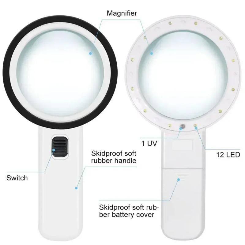 30x Handheld Magnifier 12 Led Illuminated Light With Uv Light Portable Magnifying Loupe For Reading Jewelry Watch Repair