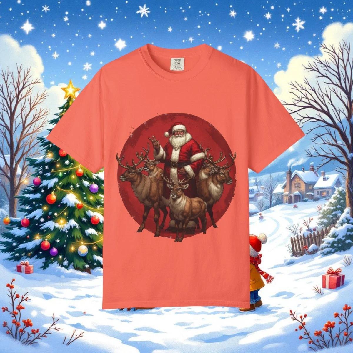 Santa Claus with Reindeer T-Shirt | Classic Christmas Holiday Festive Tee S