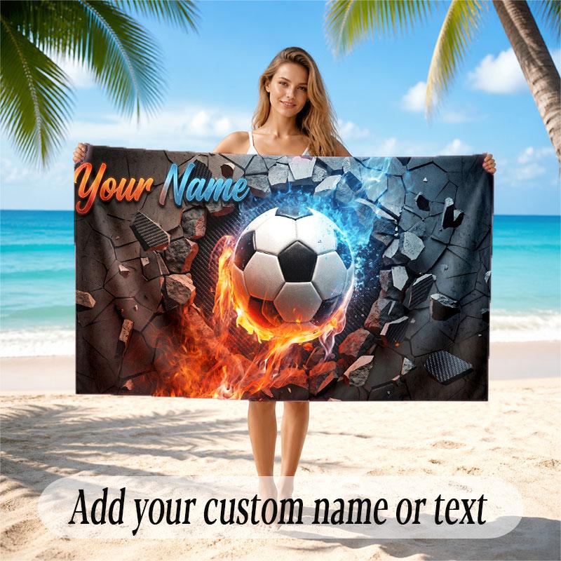 Soccer Theme Beach Towel Personalized Custom Name & Text Soft Quick Dry Beach Towel for Swimming Travel