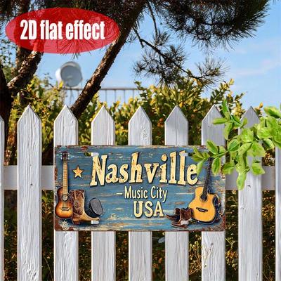 D Flat Pc Vintage Nashville Music City Metal Sign Rustic Aluminum Wall Art with Guitar  Star Design OutdoorIndoor Decor
