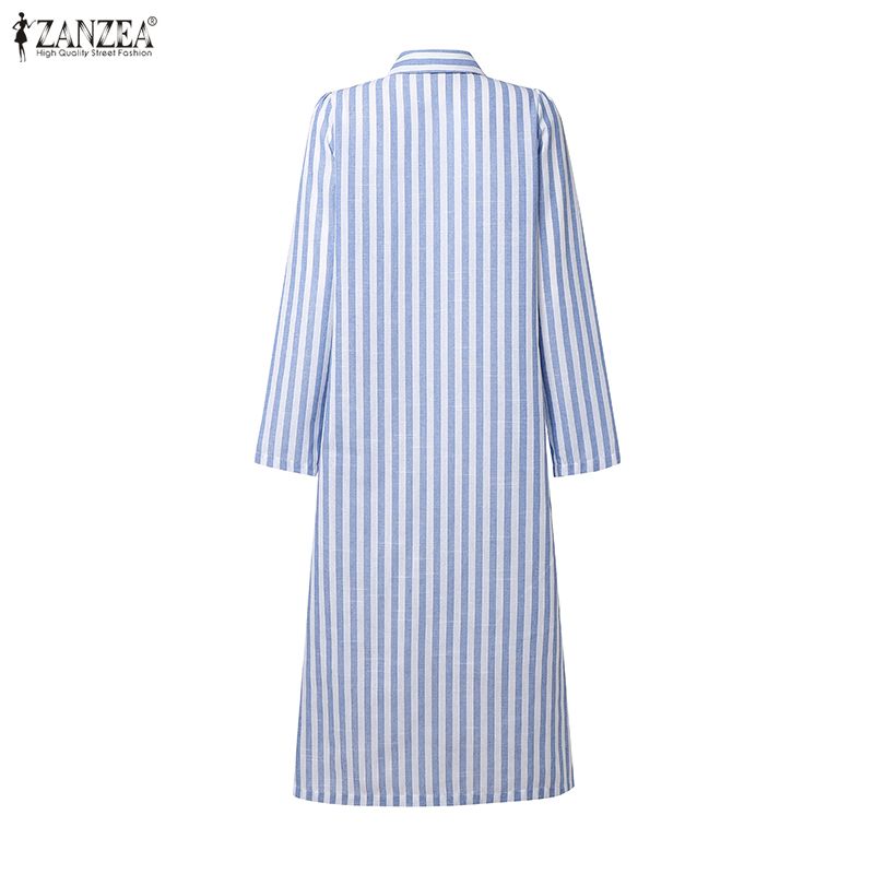 ZANZEA Damen Umlegekragen Lässig Langarm Streifen Hemdkleid