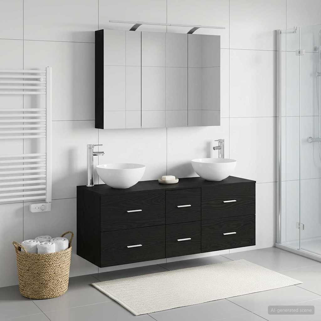 Bathroom Furniture Set 4 Pcs Black Oak Engineered Wood and Glass