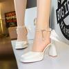 European American High Heel Sandals Thick Heel Square-Toe Satin Hollow Pearl One-Strip Back Bow Wedding Shoes Cute Mary Elegant