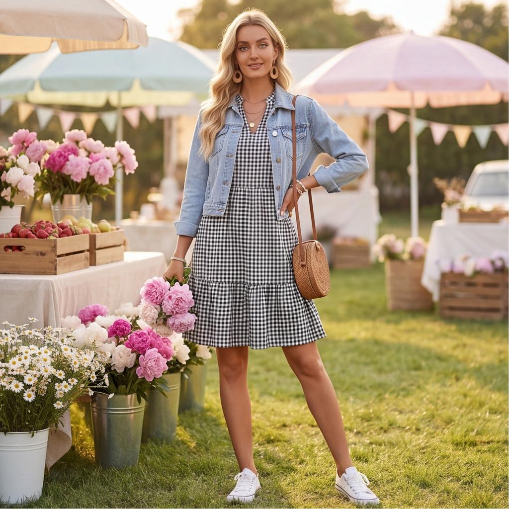 Women's V Neck Plaid Flared Sleeve Loose Fit Pullover Bohemian Vacation Dress Mid Length Casual Summer Dress