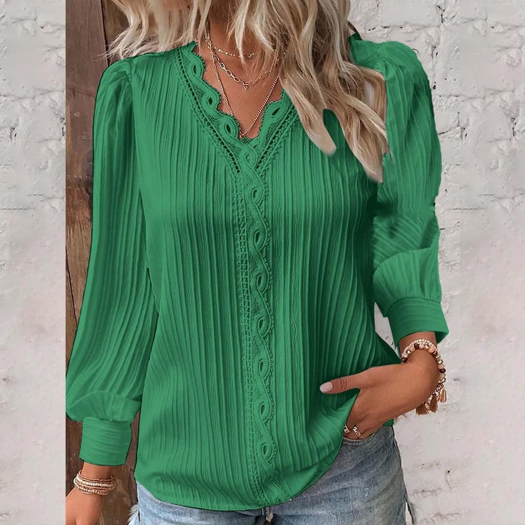 Women's Long-sleeved V-neck Lace Stitching Shirt
