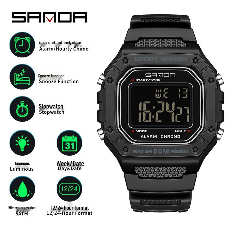 SANDA Square Multi-Function Digital Sports Watch: Waterproof, Luminous, Ideal for Students and Parties