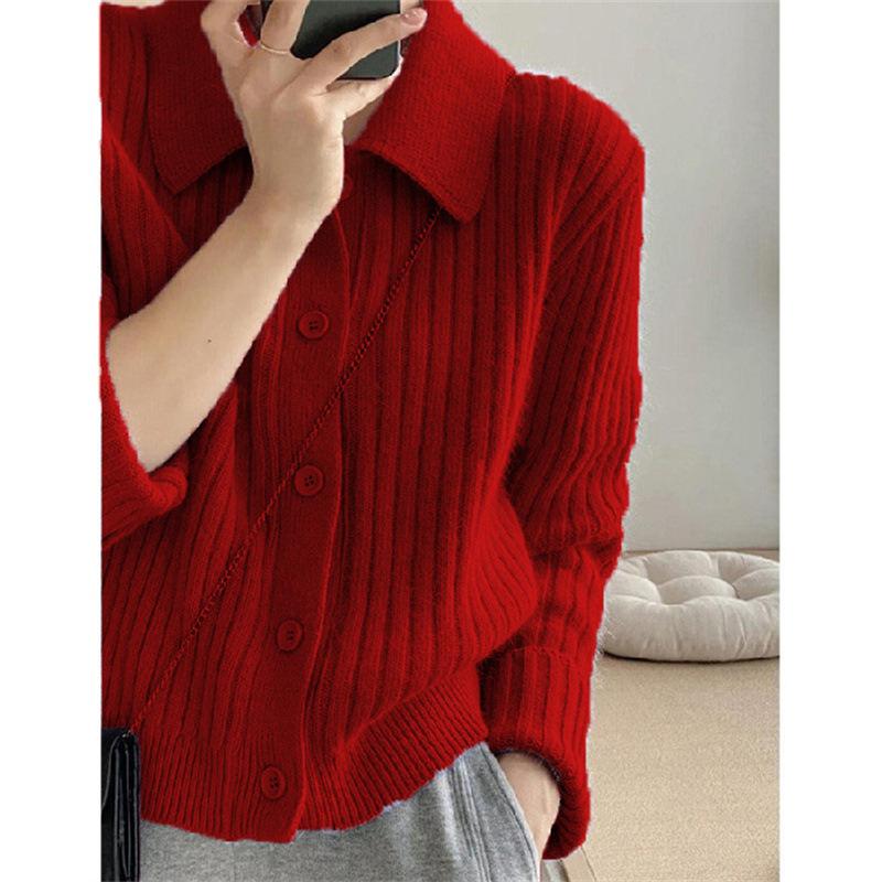 Solid Color Polo Neck Knitted Cardigan Women's Autumn and Winter New Loose Lazy Sweater Jacket Lazy Style