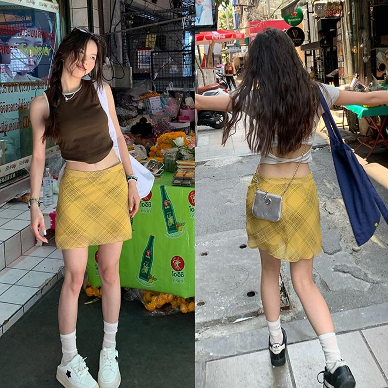 Yellow Plaid High Waist A-line Retro Skirt for Summer 2025 S